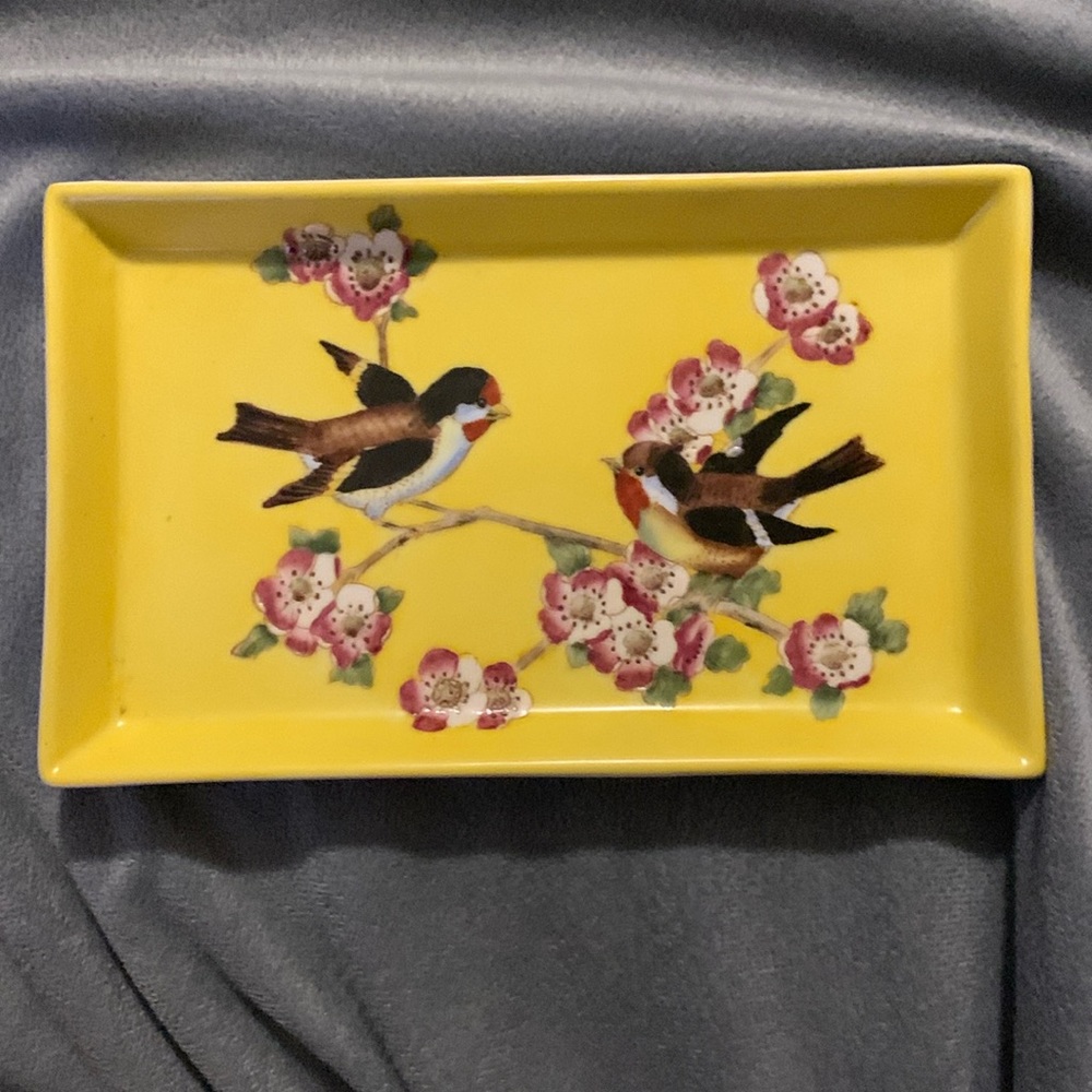 Cute Spring Pottery Ceramic Tray dish with two little birds on a floral branch